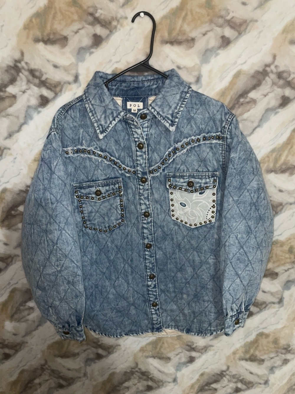 POL Quilted Light Wash Denim Shirt Jacket with Stud Accents